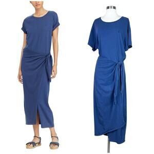 Polo Ralph Lauren | Blue Cotton Jersey Wrap Tie Designer Midi Dress Plus Size XL